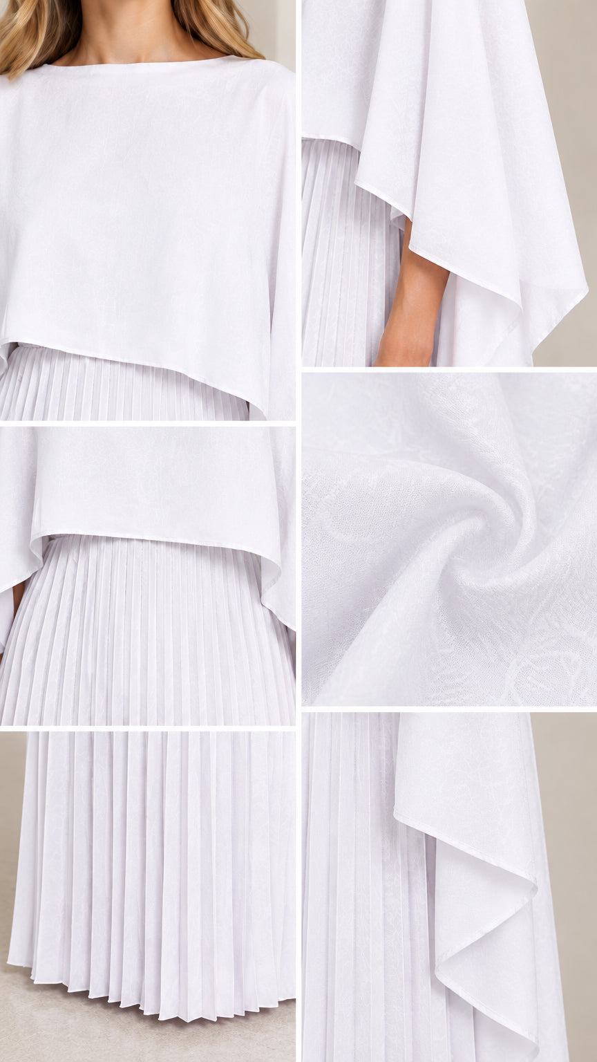 Close-up details of white pleated cape dress fabric and accordion folds