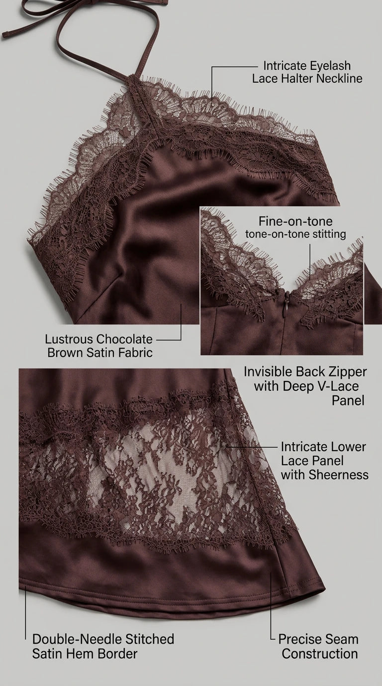 Close-up detail collage showing eyelash lace neckline, invisible zipper, and lower lace panel