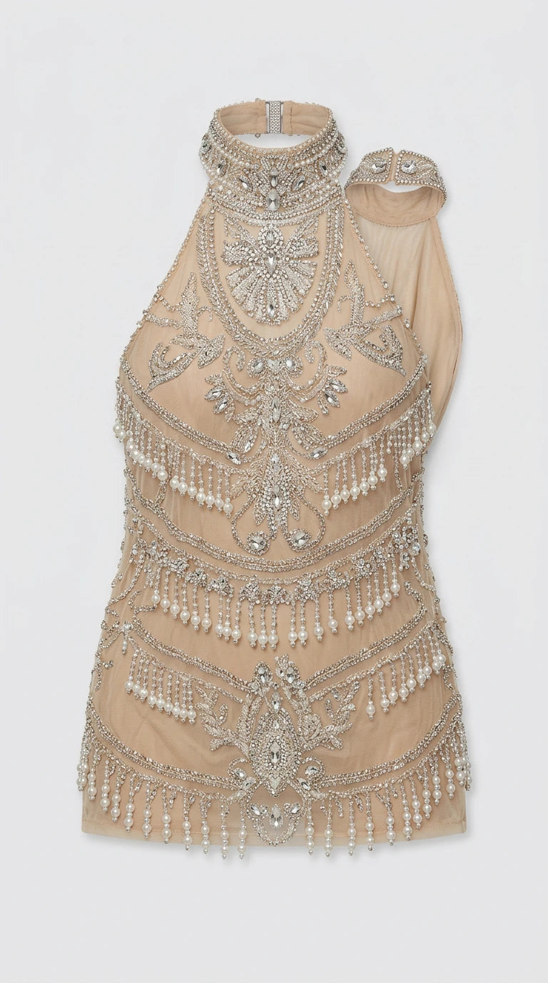 Flat lay of Champagne beaded and rhinestone halter mini dress