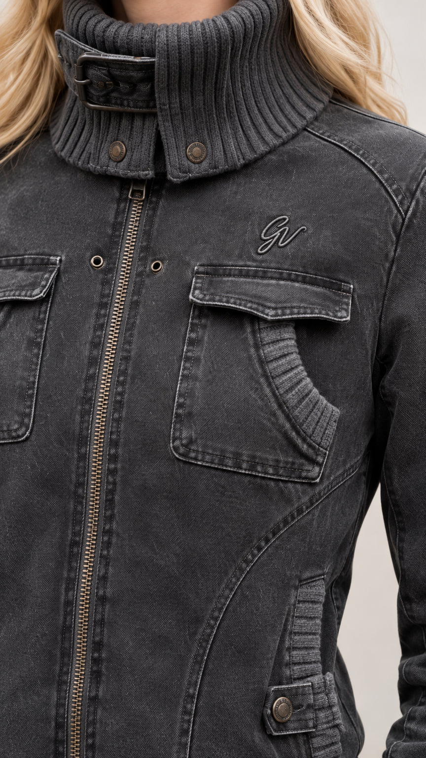 Close-up detail of Charcoal Grey utility jacket showing high ribbed neck, zipper, and chest flap pocket