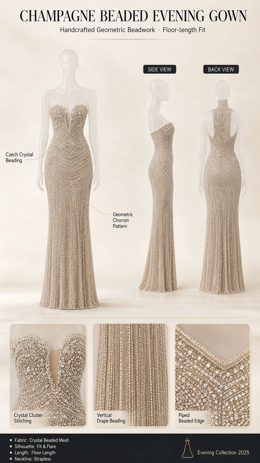 Product specification graphic showing Champagne gown details and closeups