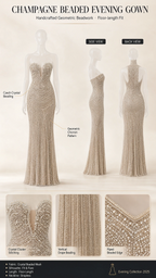Product specification graphic showing Champagne gown details and closeups