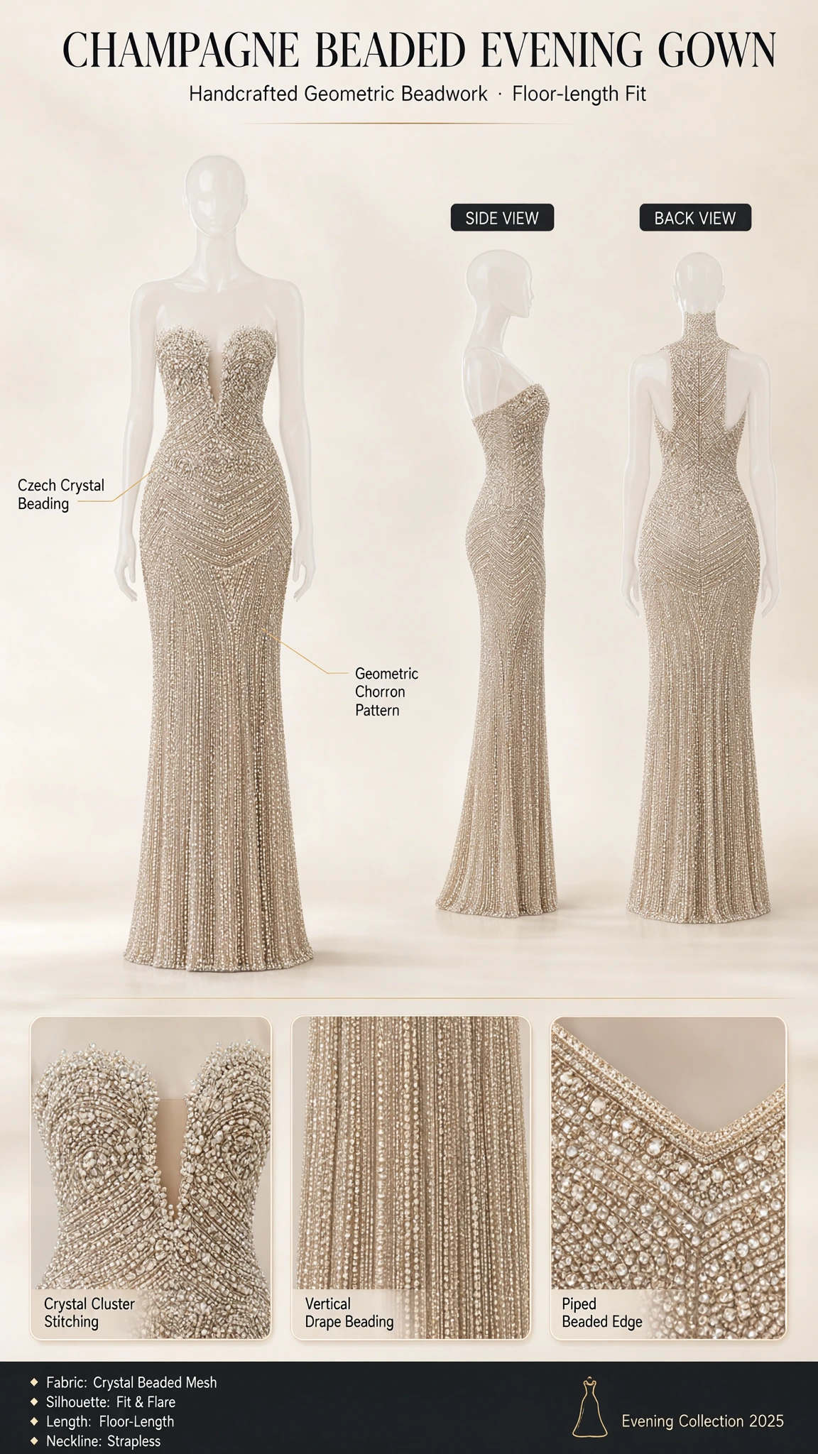 Product specification graphic showing Champagne gown details and closeups