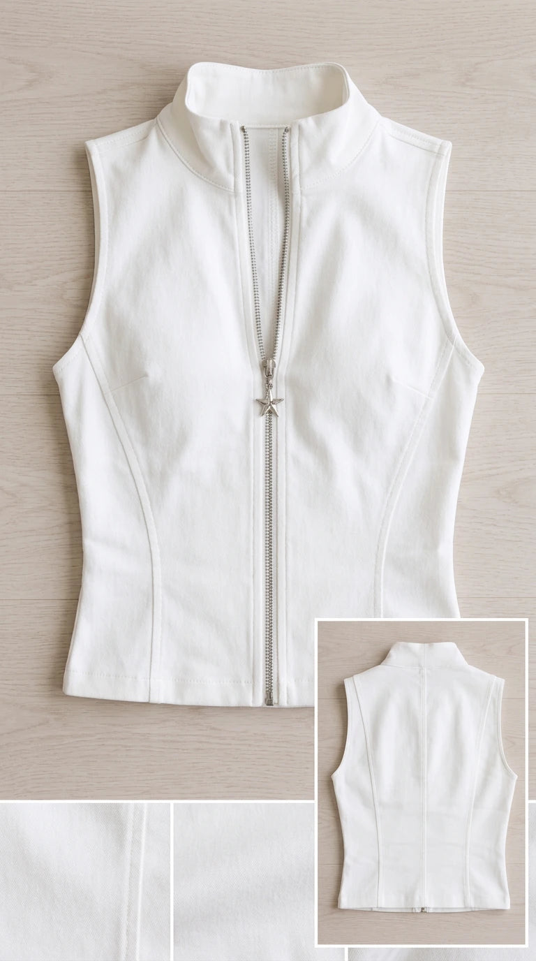 Detailed flat lay of white stand collar vest top showing silver zipper and seam construction