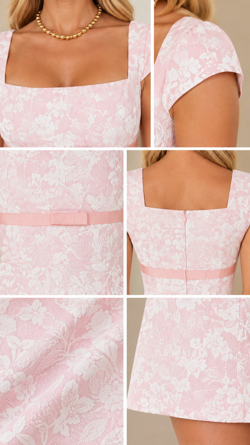 Close-up detail shots showing neckline, cap sleeve, ribbon bow, zipper, and jacquard texture