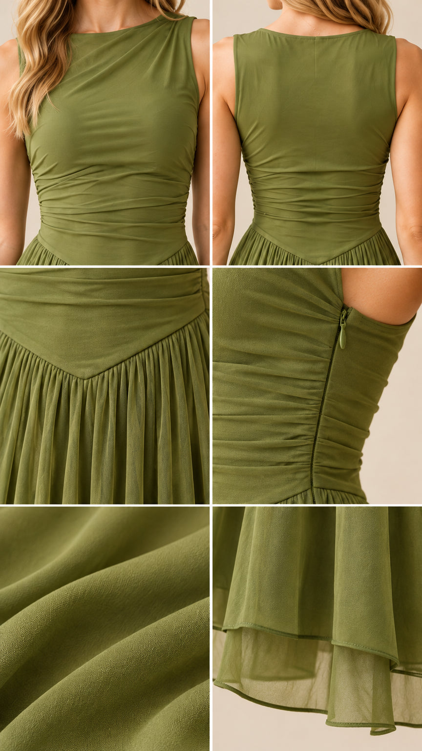 Detailed close-ups of ruched fabric texture, zipper, and pleated hem