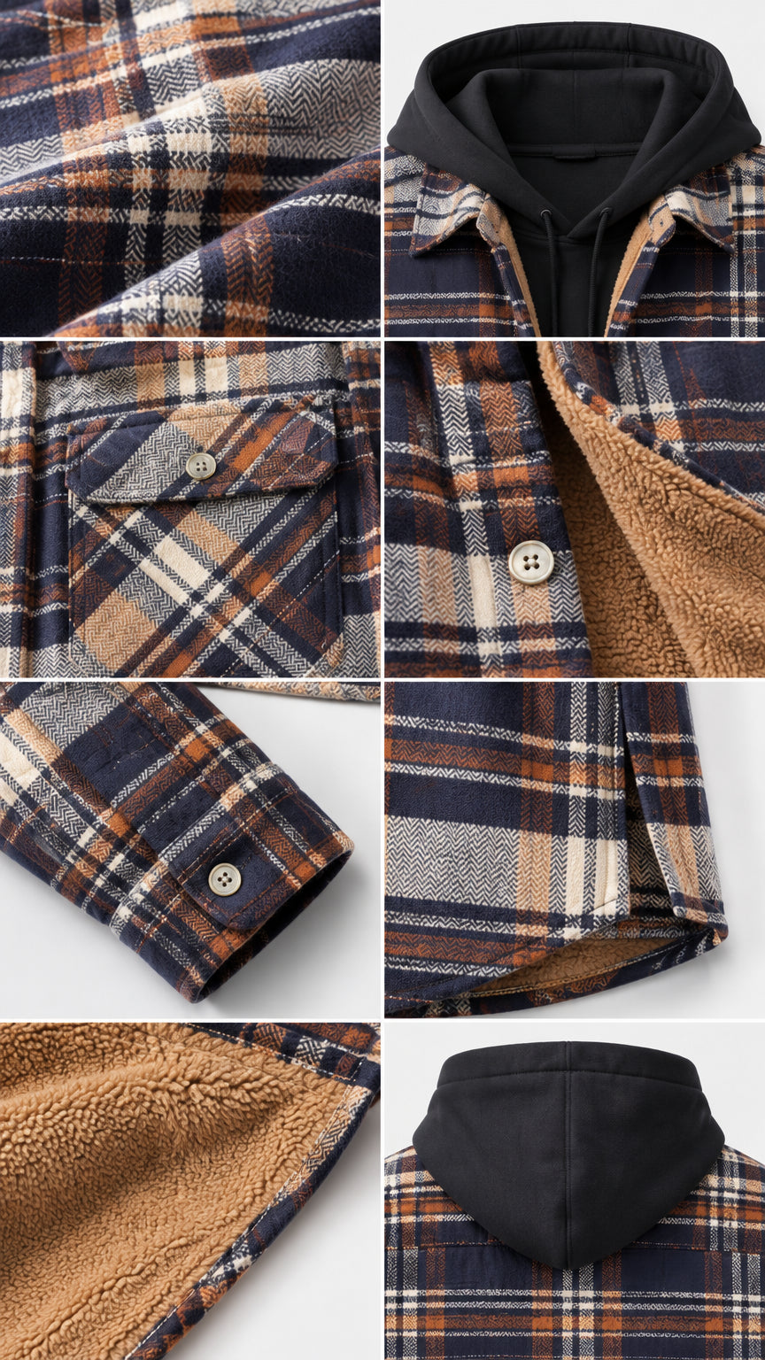 Detailed close-ups of plaid fabric, plush fleece lining, chest pocket, button cuff, and hood