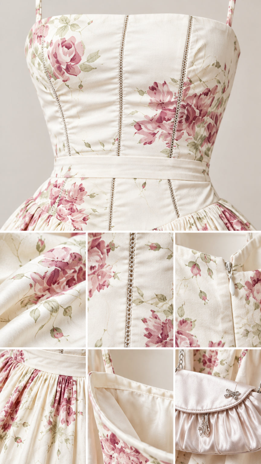 Close-up detail panel of bodice boning, floral pattern, zip closure, and fabric texture