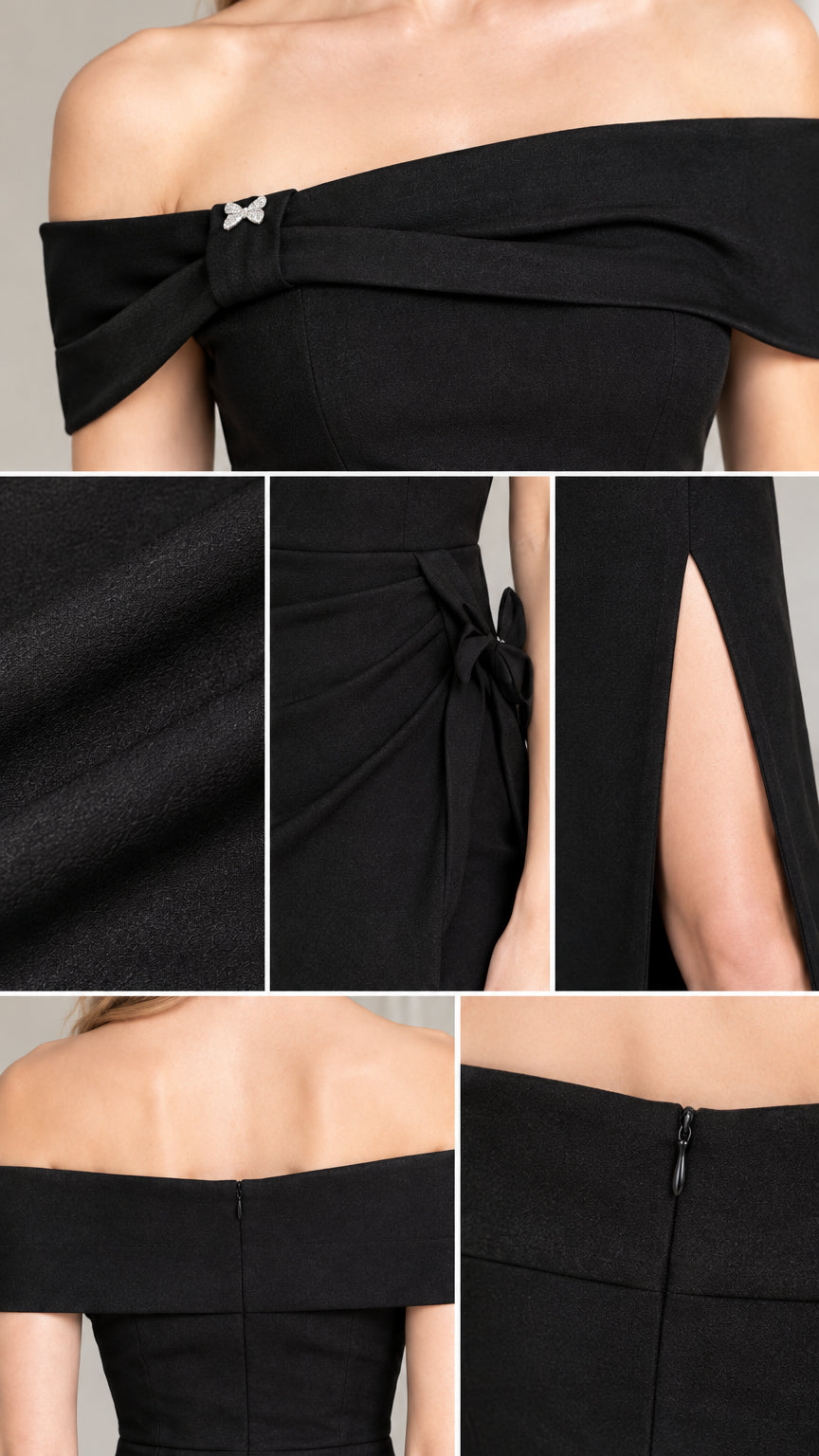 Close-up details of foldover neckline pin, textured fabric, ruched waist tie, and slit