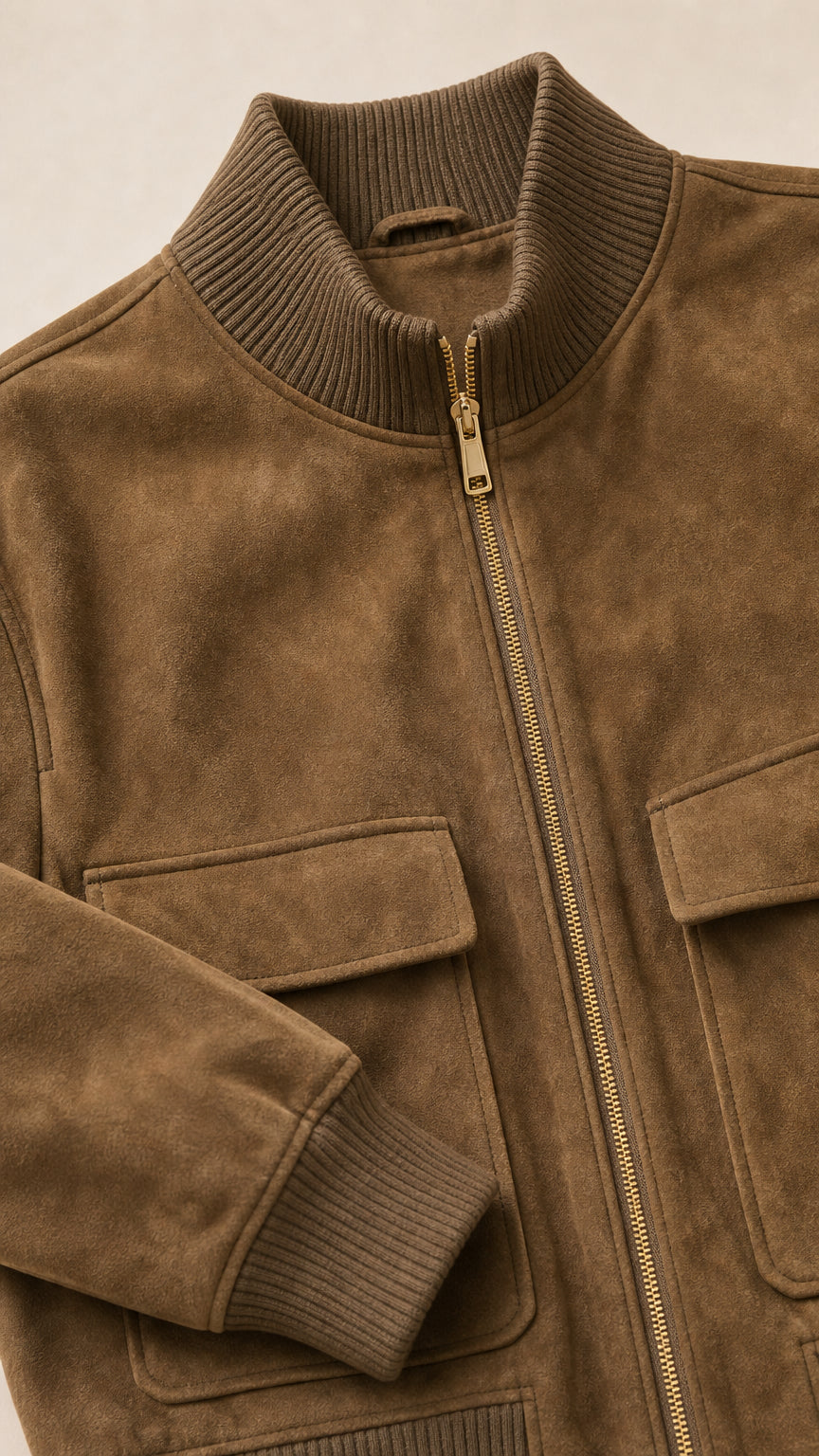 Close-up detail of zipper, collar, and chest flap pocket on camel brown suede jacket