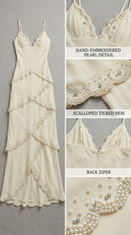 Close-up flat lay details of hand-embroidered pearl trim and back zipper