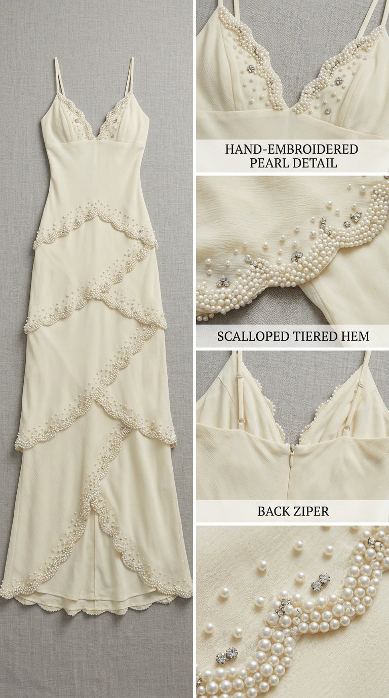 Close-up flat lay details of hand-embroidered pearl trim and back zipper