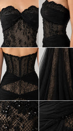 Detailed close-up collage of black lace corset bodice, beaded accents, and sheer mesh draping