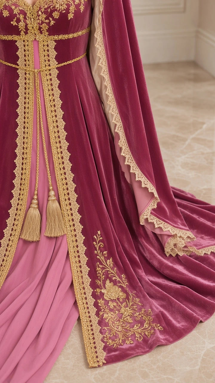 Close-up detail of gold embroidered lace border, hanging tassels, and velvet texture