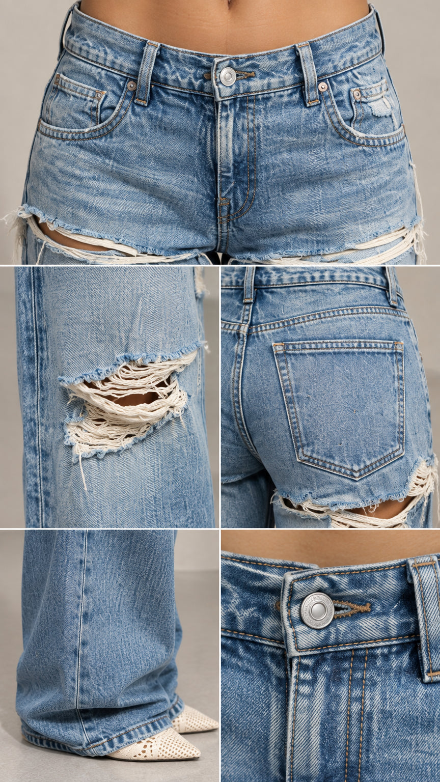 Close-up collage of light blue denim fabric details, button closure, pocket construction, and knee distressing
