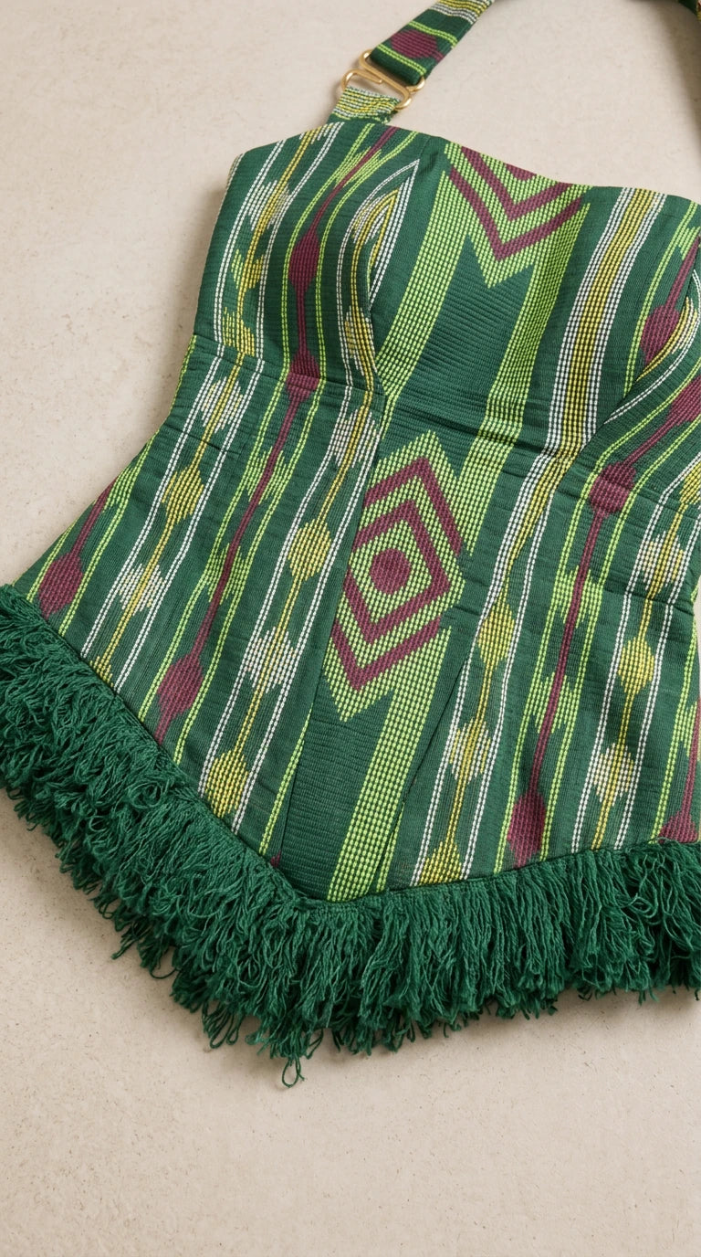 Close-up detail of structured green geometric halter corset top with fringe trim along the pointed hem