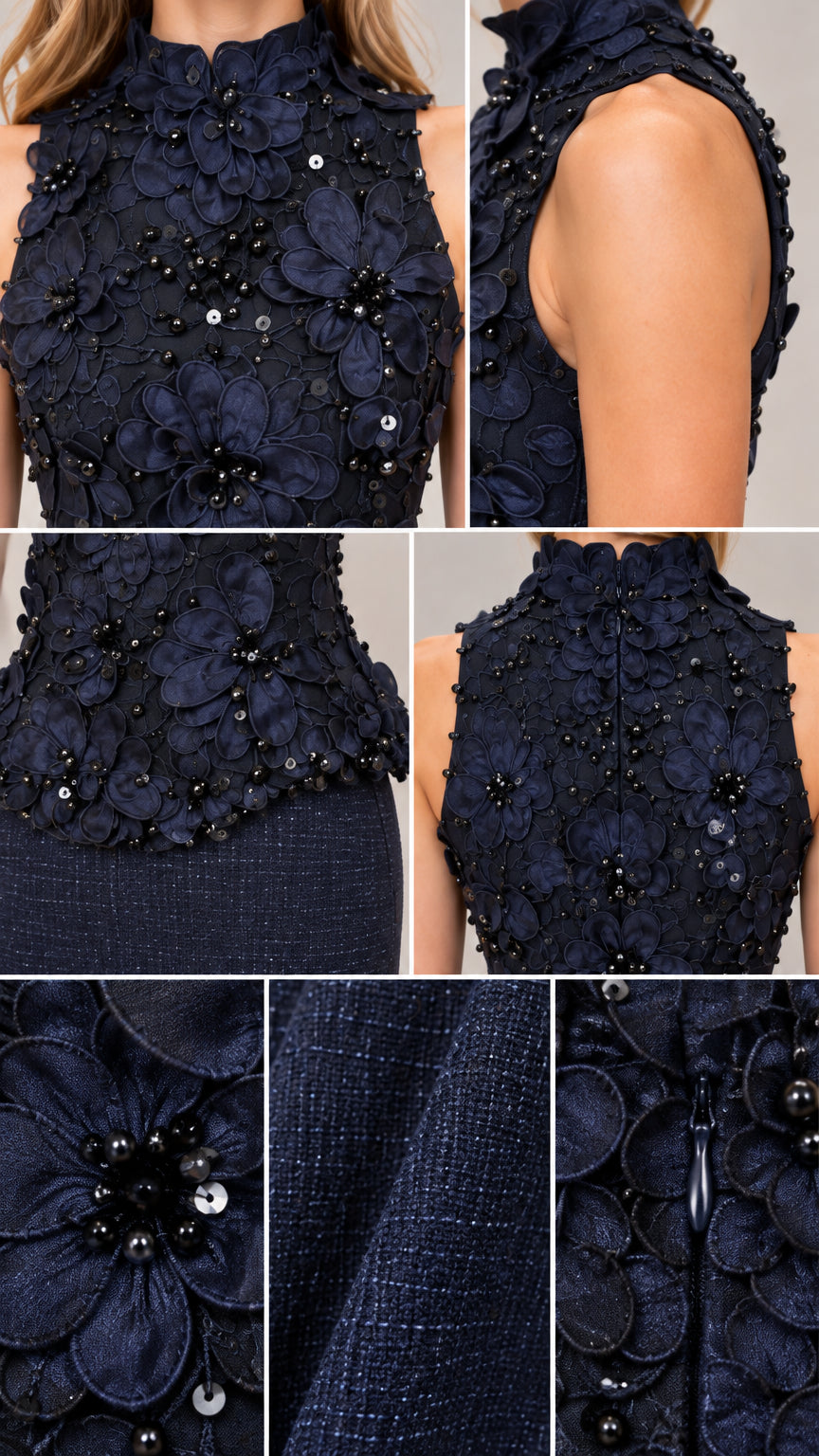 Close-up details of 3D floral appliqués, beadwork, and fabric texture on Navy Blue gown