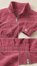 Close-up details of Dusty Rose jacket showing stand collar, zipper, side pocket, and snap cuffs