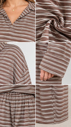 Close-up details of striped top polo collar, soft knit fabric, sleeve cuff, and elastic waistband