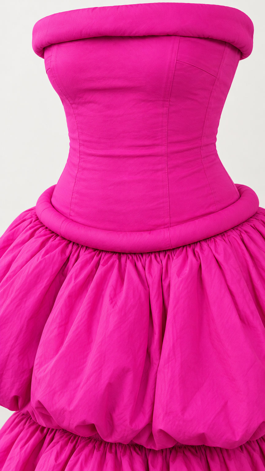 Close-up detail of hot pink sculpted padded roll trim and bubble gathers