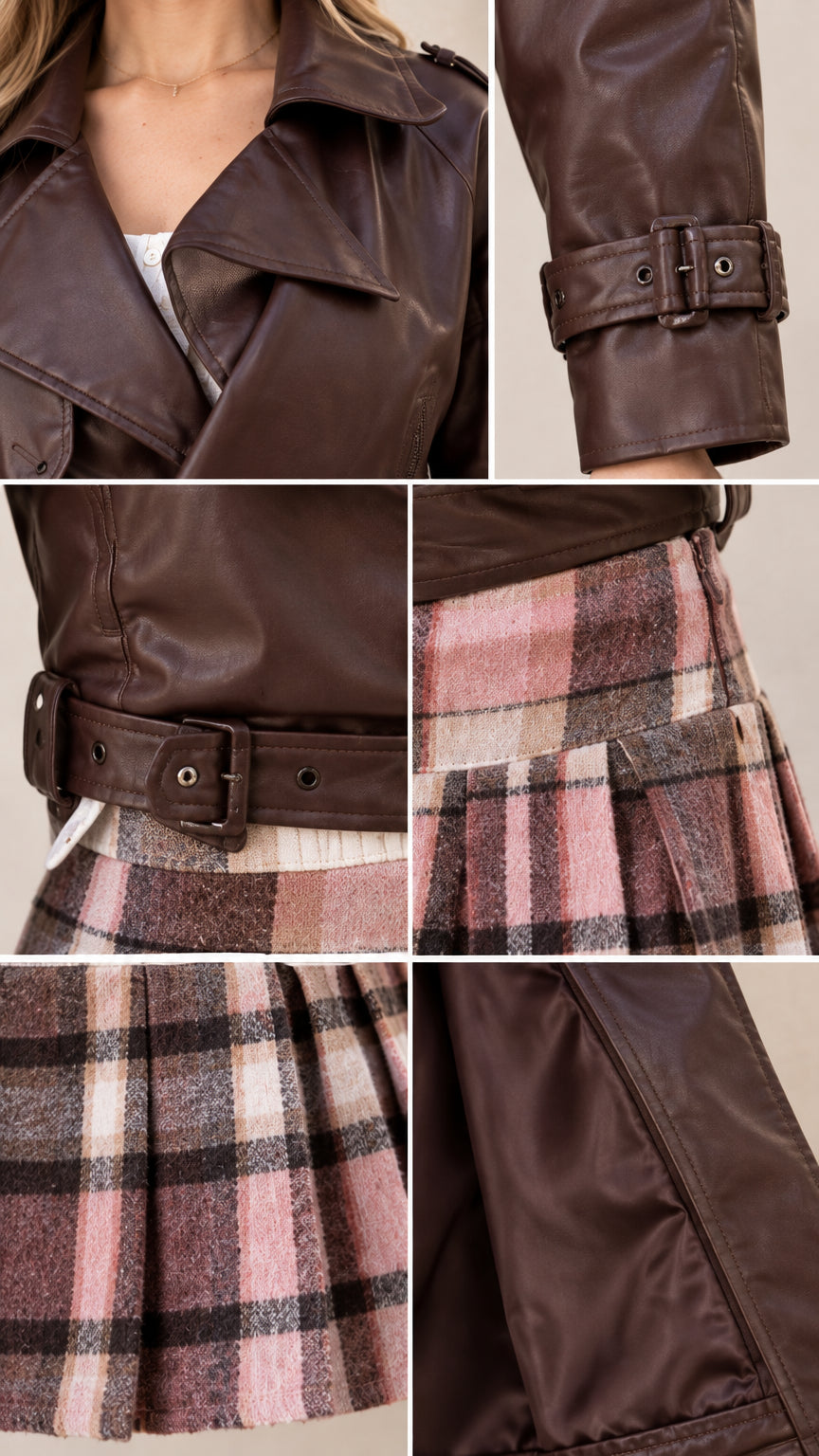 Detailed close-up shots of jacket lapel, cuff buckles, waist belt, and pleated plaid skirt fabric