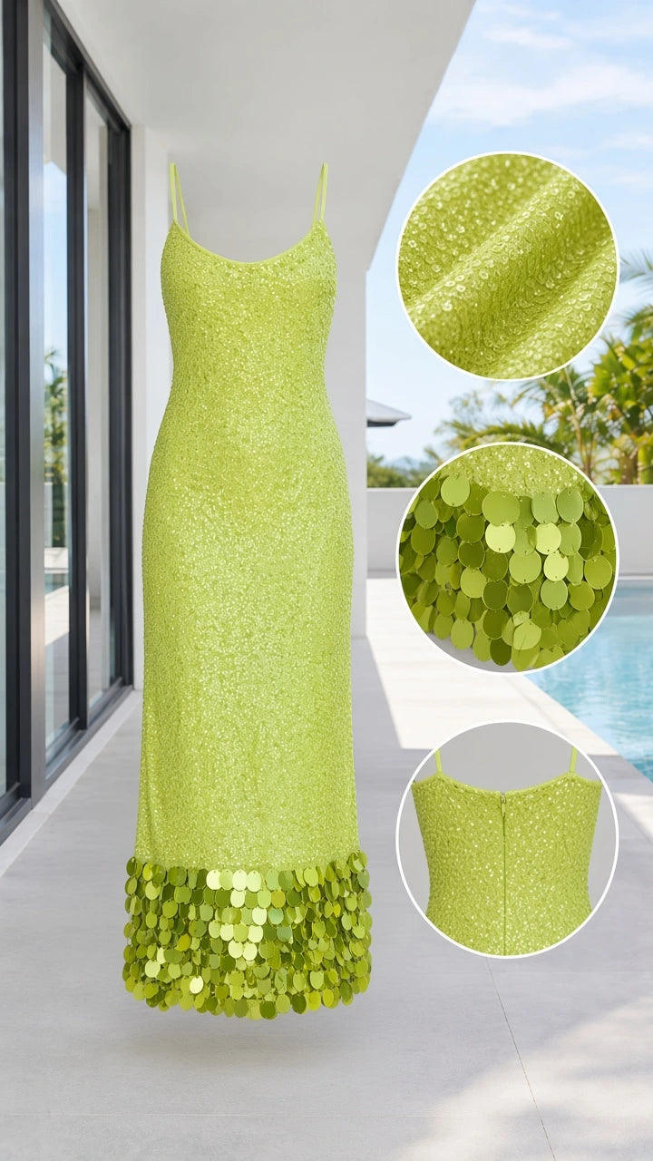 Flat lay and close-up detail collage of lime green sequin dress showing micro sequins and disc fringe