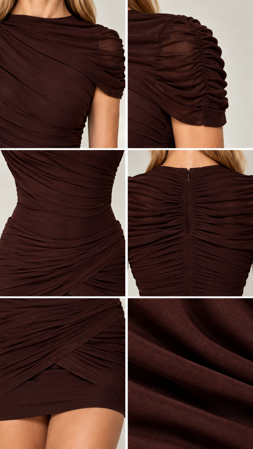 Close-up details of neckline ruching, cap sleeve texture, back zipper, and hem drape