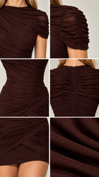 Close-up details of neckline ruching, cap sleeve texture, back zipper, and hem drape