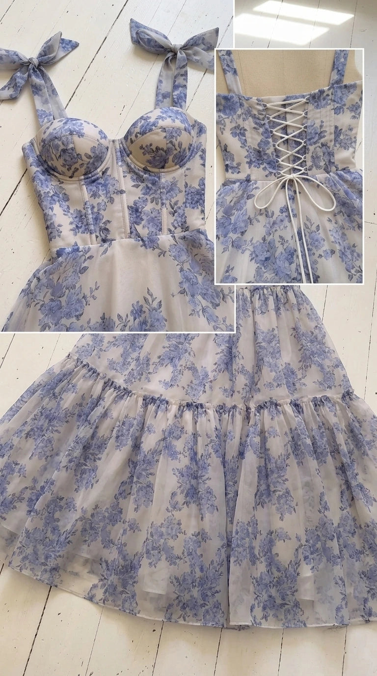 Close-up flat lay of blue floral bodice, molded sweetheart cups, tie straps, and lace-up back