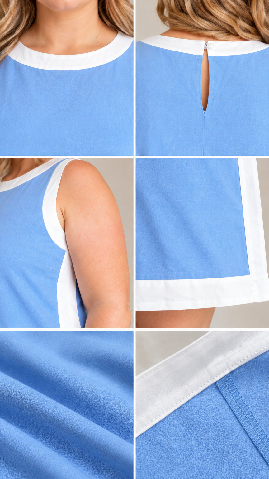 Detailed close-ups of neckline, back keyhole, armhole binding, and fabric texture on Light Blue dress