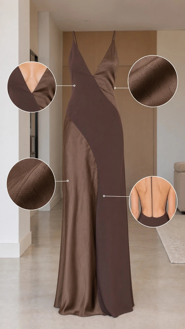 Product detail collage highlighting neck, fabric sheen, stitching, and low back design