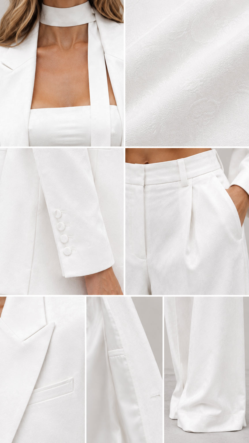Close-up collage of tailoring details including choker neckline, woven fabric texture, button cuffs, and trouser pleats