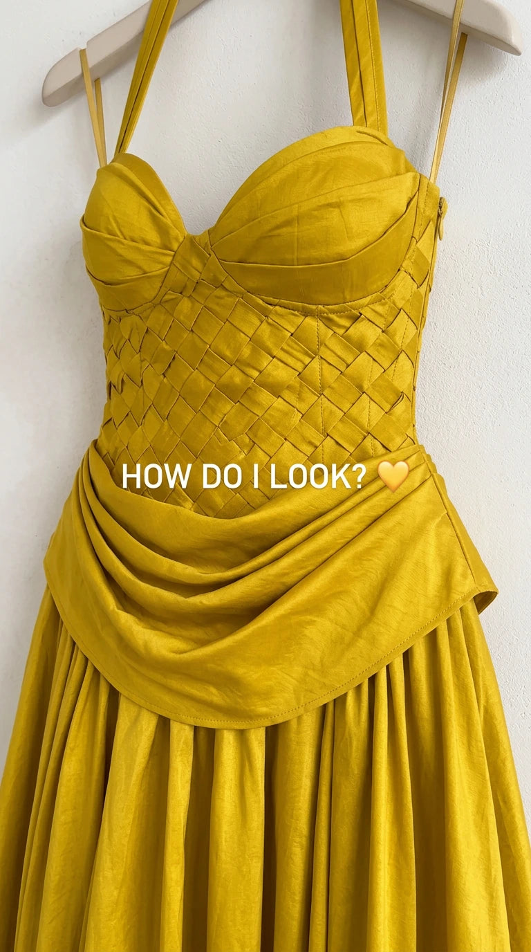 Close-up detail of the yellow dress showing the woven corset bodice, sweetheart cups, and draped waist