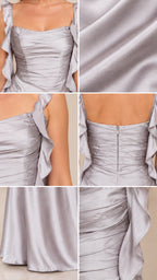 Detailed collage showing bodice ruching, ruffle straps, back zipper, and satin fabric texture