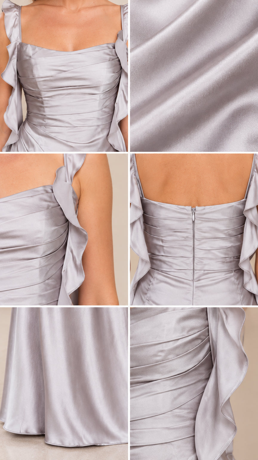 Detailed collage showing bodice ruching, ruffle straps, back zipper, and satin fabric texture