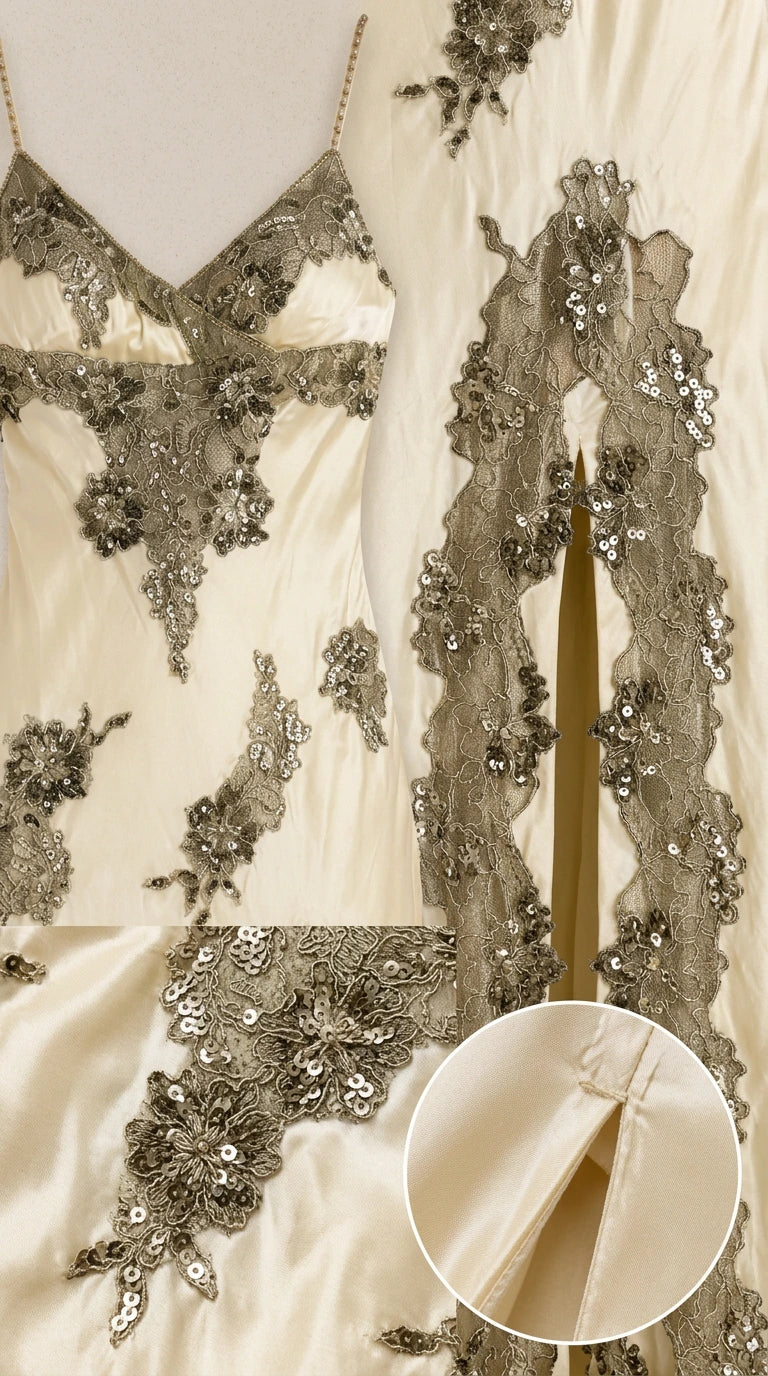 Close-up of champagne dress lace applique with sequins and leg slit detail
