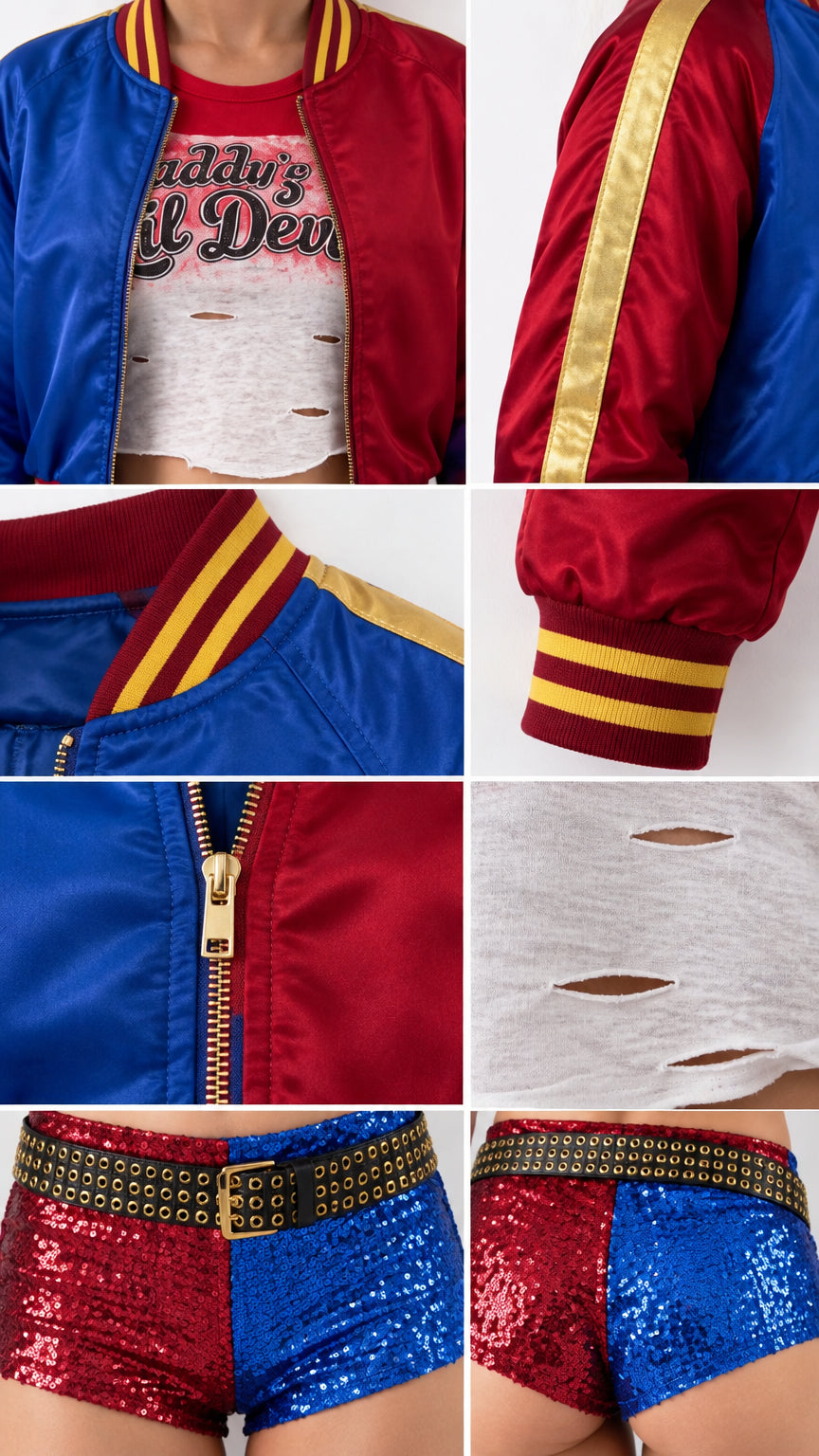 Detailed collage showing fabric textures, zip closure, neckline, distressed top, and sequin hot shorts