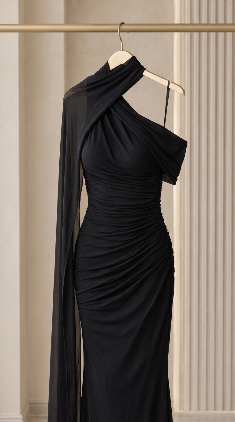 Close-up detail shot of black ruched bodycon gown on hanger highlighting neckline and drape