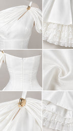 Detailed collage showcasing shoulder ring cutout, back zipper, fabric texture, and layered ruffle hem