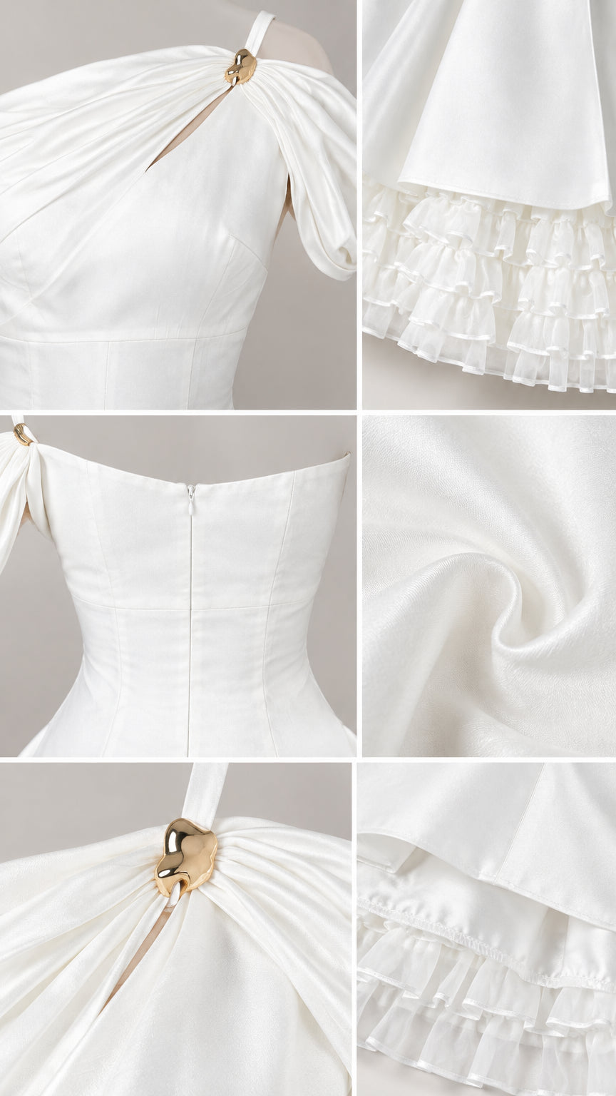 Detailed collage showcasing shoulder ring cutout, back zipper, fabric texture, and layered ruffle hem