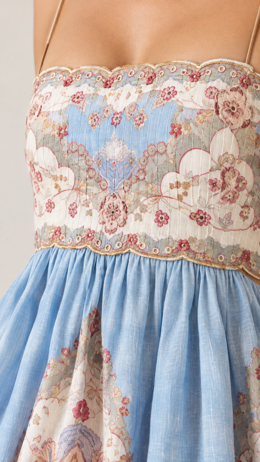 Close-up detail of textured bodice with scalloped embroidered neckline on light blue dress