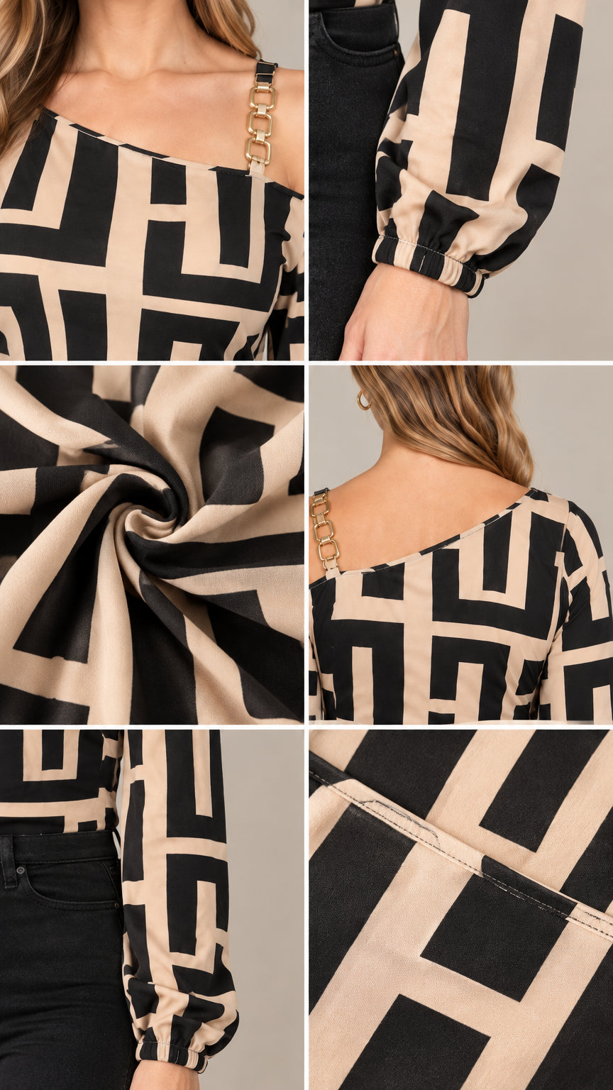 Close-up details of chain shoulder strap, fabric drape, and elastic wrist cuff on geometric blouse