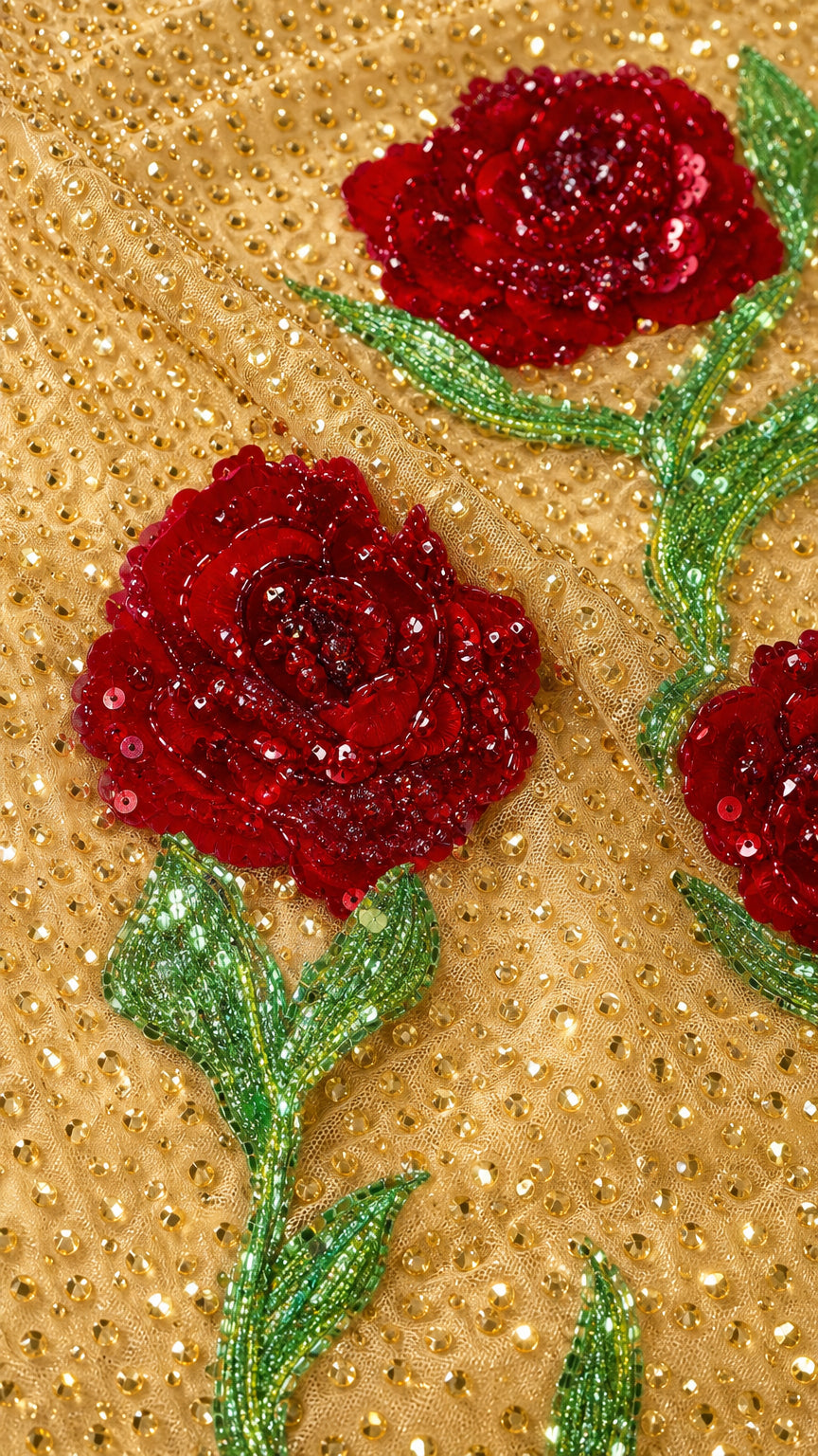Close-up detail of textured red sequin roses and green beaded vines on gold mesh fabric