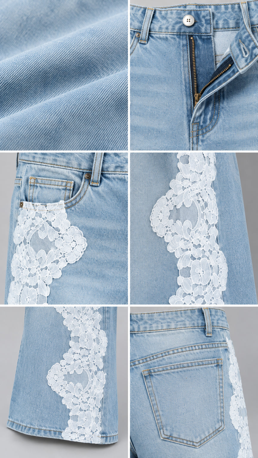 Detail composite image showing denim fabric texture, metal zip fly button, front pocket lace, side lace seam, and hem