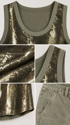 Detailed close-up collage of sequin fabric, ribbed neckline, and armhole trim