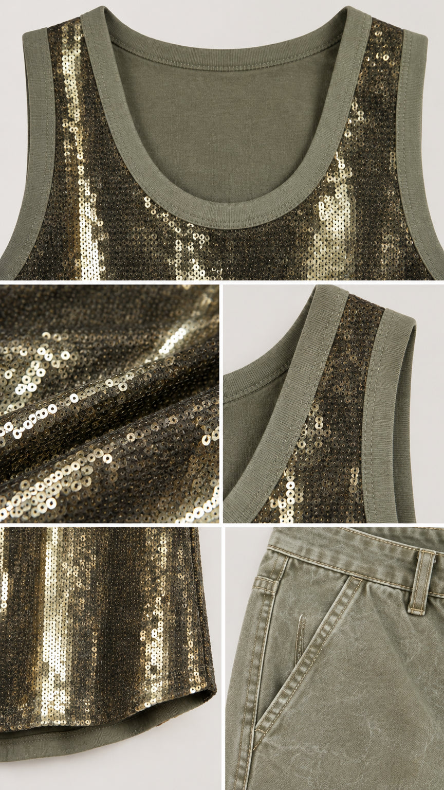Detailed close-up collage of sequin fabric, ribbed neckline, and armhole trim