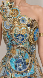 Close-up detail of ornate clockwork and fairytale castle embroidery on the sky blue one-shoulder dress