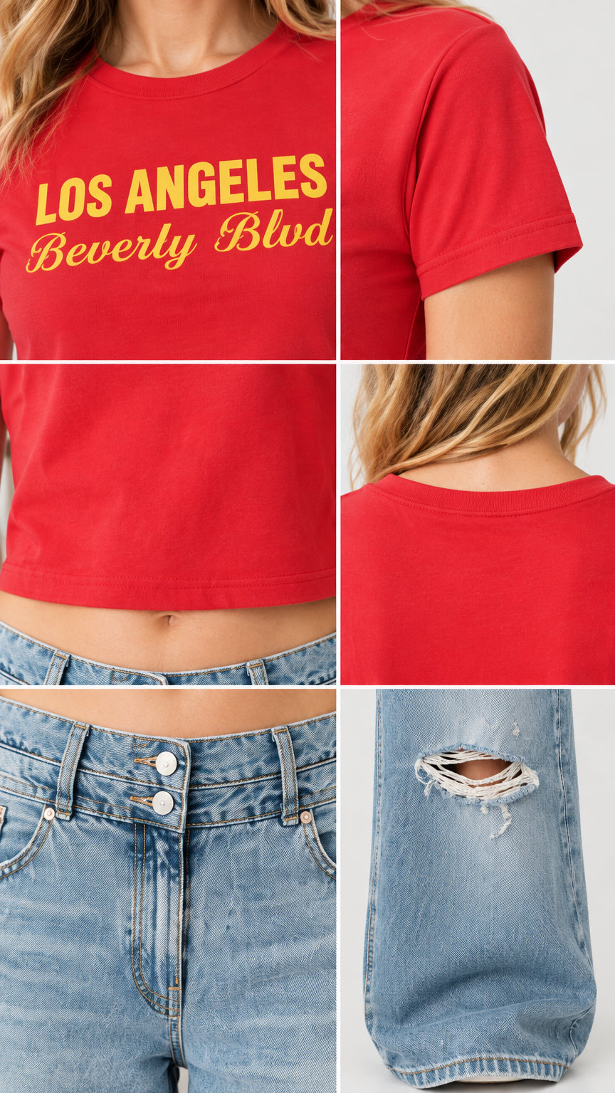 Close-up detail shots showing graphic print, crew neckline, double-button waist, and distressed knee hole