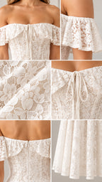 Detailed close-up collage of the white lace texture, ruffled neckline, tie detail, and back zipper
