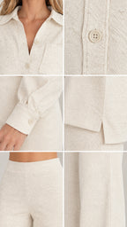 Close-up detail shots showing collar, button placket, sleeve cuff, and waistband of cream textured knit set